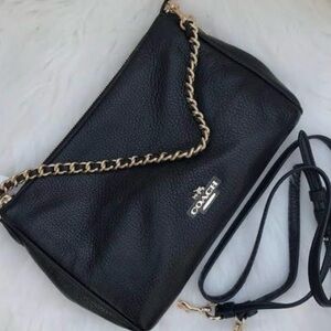 Coach Black Pebbled Leather Crossbody Bag with Gold Chain